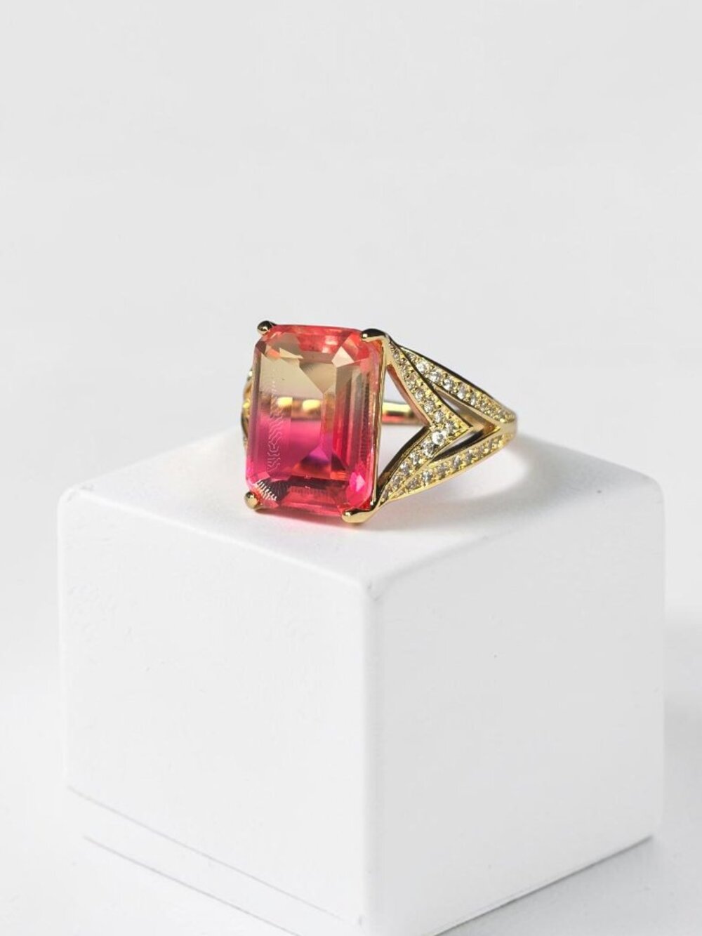 Art Deco Cosmo / Sunset Bicolor Emerald Cut Sterling Silver Ring Size 7 NWOT